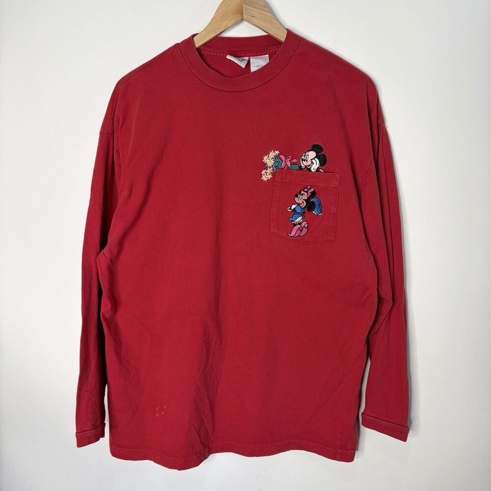 Disney Long Sleeve T-Shirt Red Embroidered Mickey Minnie Flowers Adult XL